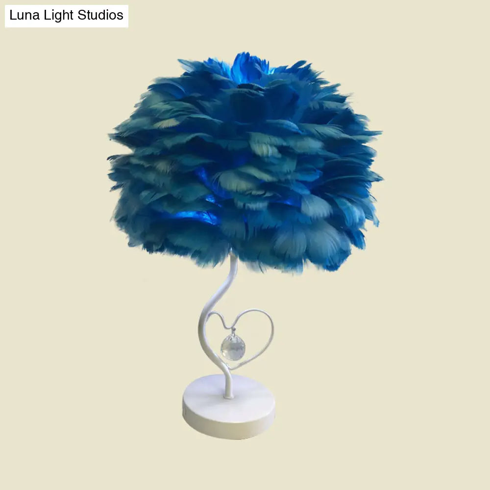 Modern Apricot/Blue/Orange Dome Night Table Light With Feather Shade & Heart Frame - Crystal Orb