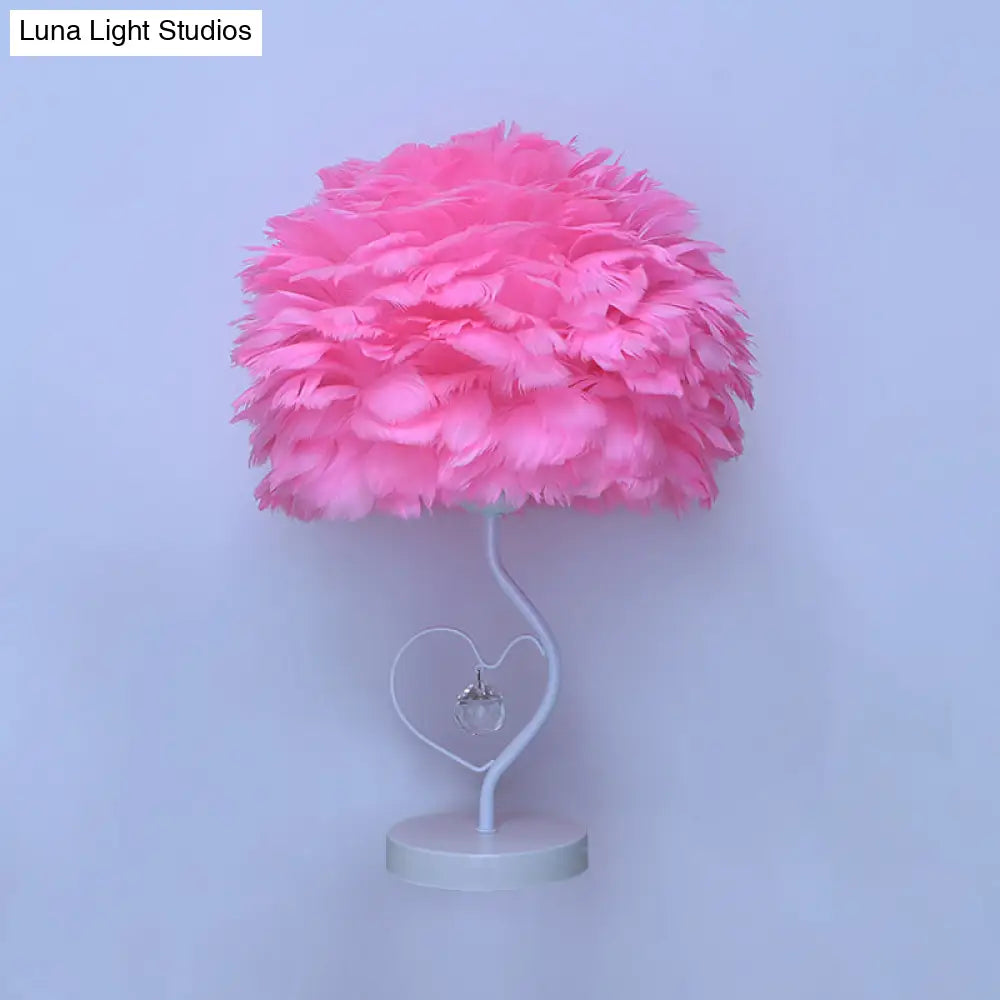 Modern Apricot/Blue/Orange Dome Night Table Light With Feather Shade & Heart Frame - Crystal Orb