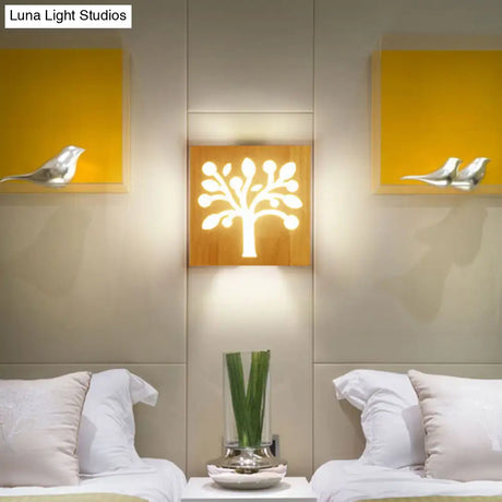 Modern Art Deco Led Wall Sconce - Square Flush Mount Wooden Corridor Light Fixture