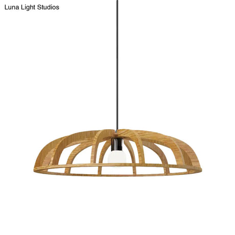 Modern Asian-Inspired Wood Pendant Light With Flat Bowl Frame And 1 Bulb For Hallways