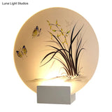 Modern Asian Led Wall Lamp With Moon Shape Butterfly And Orchid Pattern - Acrylic Mount Lighting
