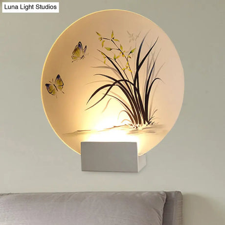 Modern Asian Led Wall Lamp With Moon Shape Butterfly And Orchid Pattern - Acrylic Mount Lighting