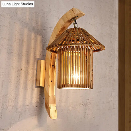 Modern Asian Wood Sconce Light Fixture With Tower Bamboo Shade For Restaurants