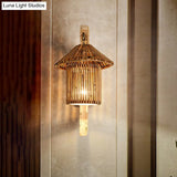 Modern Asian Wood Sconce Light Fixture With Tower Bamboo Shade For Restaurants
