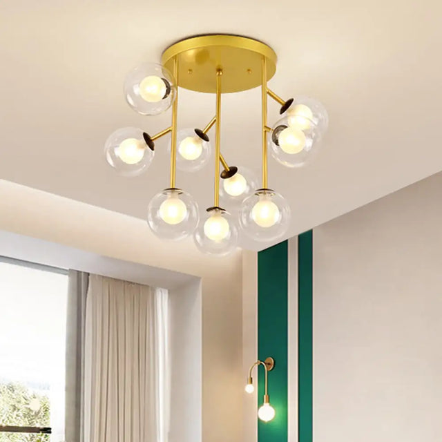 Modern Ball Semi - Mount Clear Glass Ceiling Lamp With Black/Gold Finish - 9/12 Heads Ideal For