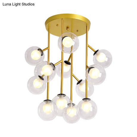 Modern Ball Semi - Mount Clear Glass Ceiling Lamp With Black/Gold Finish - 9/12 Heads Ideal For
