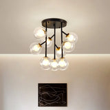Modern Ball Semi - Mount Clear Glass Ceiling Lamp With Black/Gold Finish - 9/12 Heads Ideal For
