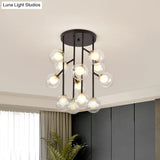 Modern Ball Semi - Mount Clear Glass Ceiling Lamp With Black/Gold Finish - 9/12 Heads Ideal For