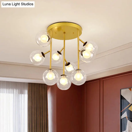 Modern Ball Semi - Mount Clear Glass Ceiling Lamp With Black/Gold Finish - 9/12 Heads Ideal For
