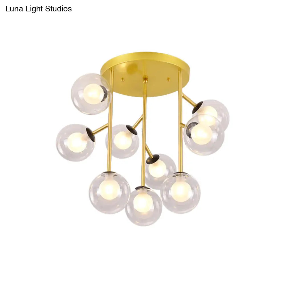 Modern Ball Semi - Mount Clear Glass Ceiling Lamp With Black/Gold Finish - 9/12 Heads Ideal For