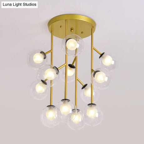 Modern Ball Semi - Mount Clear Glass Ceiling Lamp With Black/Gold Finish - 9/12 Heads Ideal For