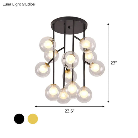 Modern Ball Semi - Mount Clear Glass Ceiling Lamp With Black/Gold Finish - 9/12 Heads Ideal For