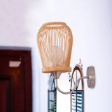 Modern Bamboo Hand-Woven Wall Sconce With Metal Gooseneck Arm - Beige 1-Light Mount Lamp