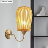 Modern Bamboo Hand-Woven Wall Sconce With Metal Gooseneck Arm - Beige 1-Light Mount Lamp