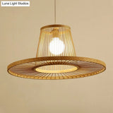 Modern Bamboo Hat Pendant Light - Beige Dining Room Pendulum 1 Head