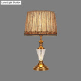 Modern Barrel Fabric Desk Lamp: Brown Night Table Light With Metallic Base
