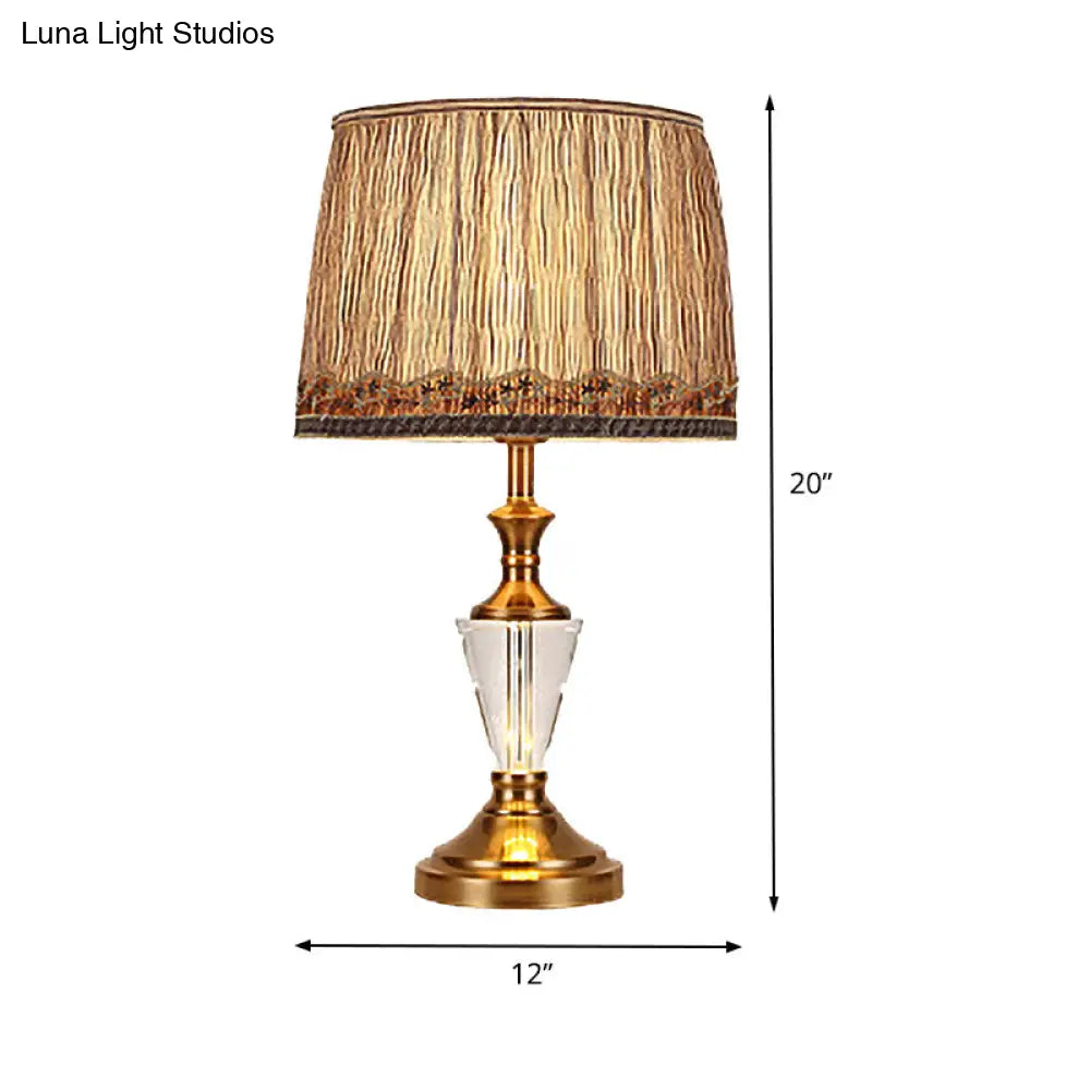 Modern Barrel Fabric Desk Lamp: Brown Night Table Light With Metallic Base