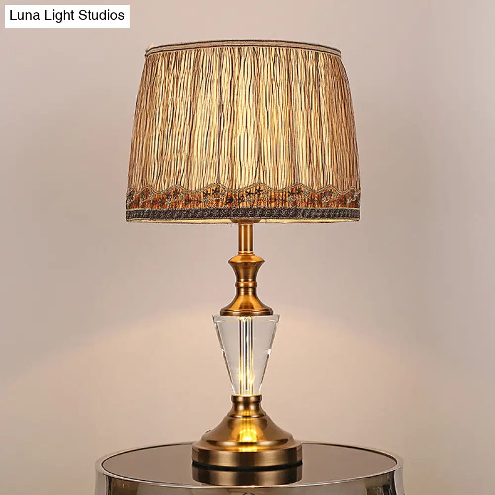 Modern Barrel Fabric Desk Lamp: Brown Night Table Light With Metallic Base
