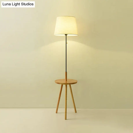Modern Barrel Fabric Floor Lamp With Pull Chain - Black/White & Wood