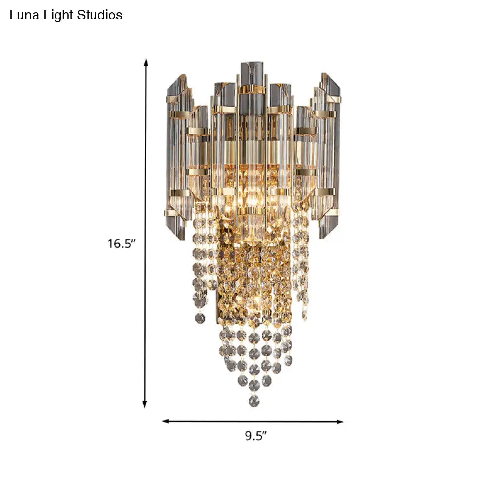 Modern Beaded Crystal Wall Sconce With 2 Smoky Grey Lights For Living Room