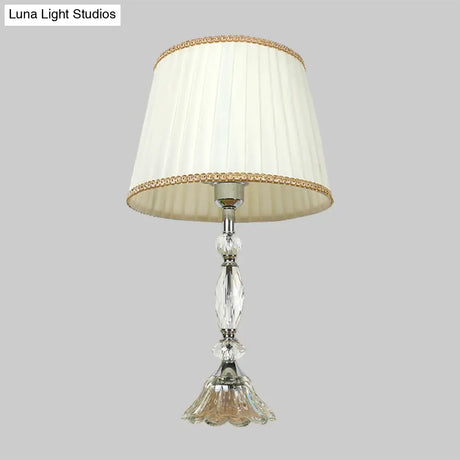 Modern Bedroom Crystal Table Lamp With Tapered Fabric Shade - White Nightstand Light