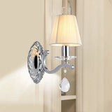 Modern Beige Cone Corner Fabric Wall Sconce With Chrome Curving Arm 1 /