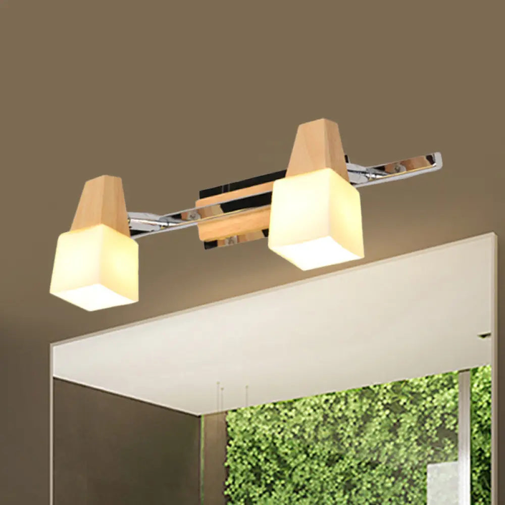 Modern Beige Cube Vanity Light Fixture With 2-Light Milk White Glass Shade Wall Mount Lamp Wood