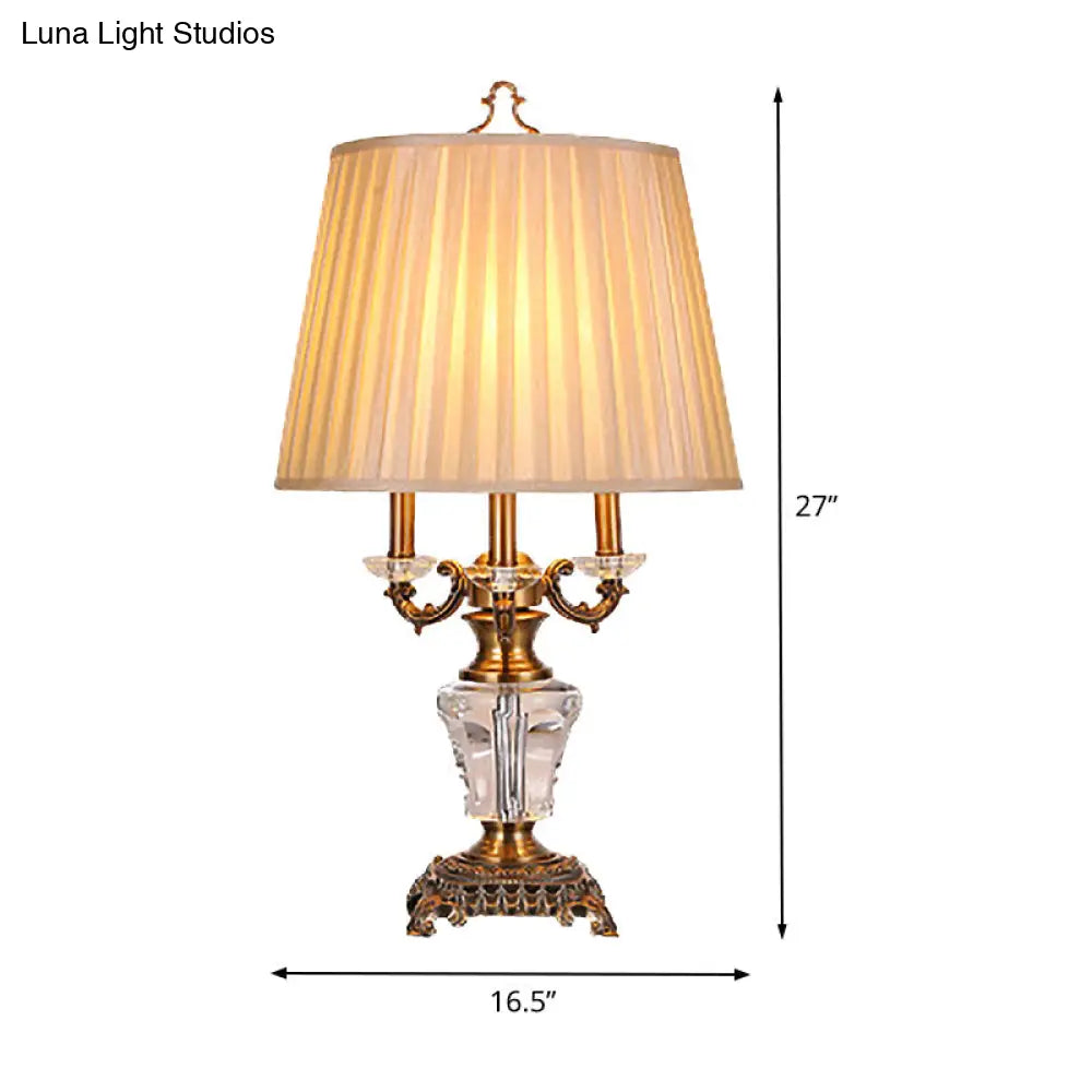 Modern Beige Fabric Pleated Desk Lamp With Bronze Sculpted Metal Base - 1 Bulb