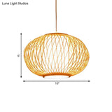 Modern Beige Hand-Knitted Hanging Bamboo Ceiling Lamp With Drum Shade - Perfect For Dining Room