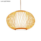 Modern Beige Hand-Knitted Hanging Bamboo Ceiling Lamp With Drum Shade - Perfect For Dining Room