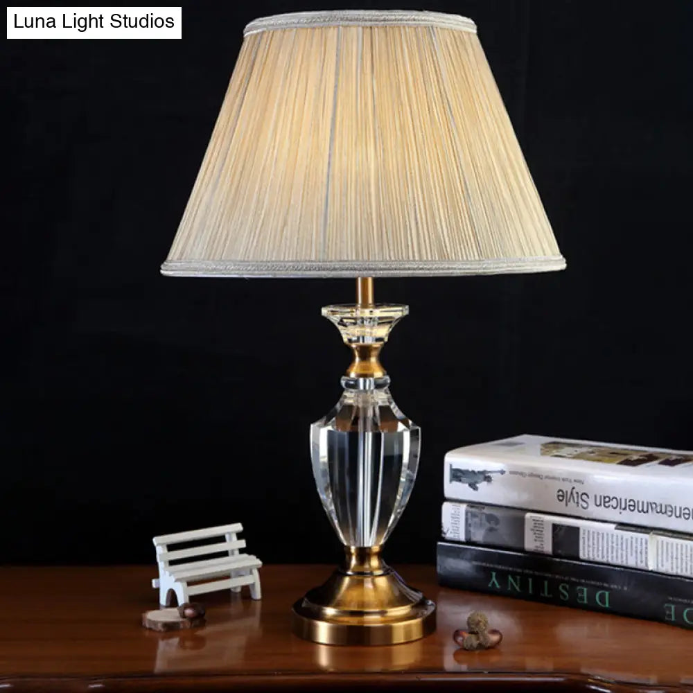 Modern Beige Urn Desk Lamp With Beveled Crystal Table Light And Fabric Shade