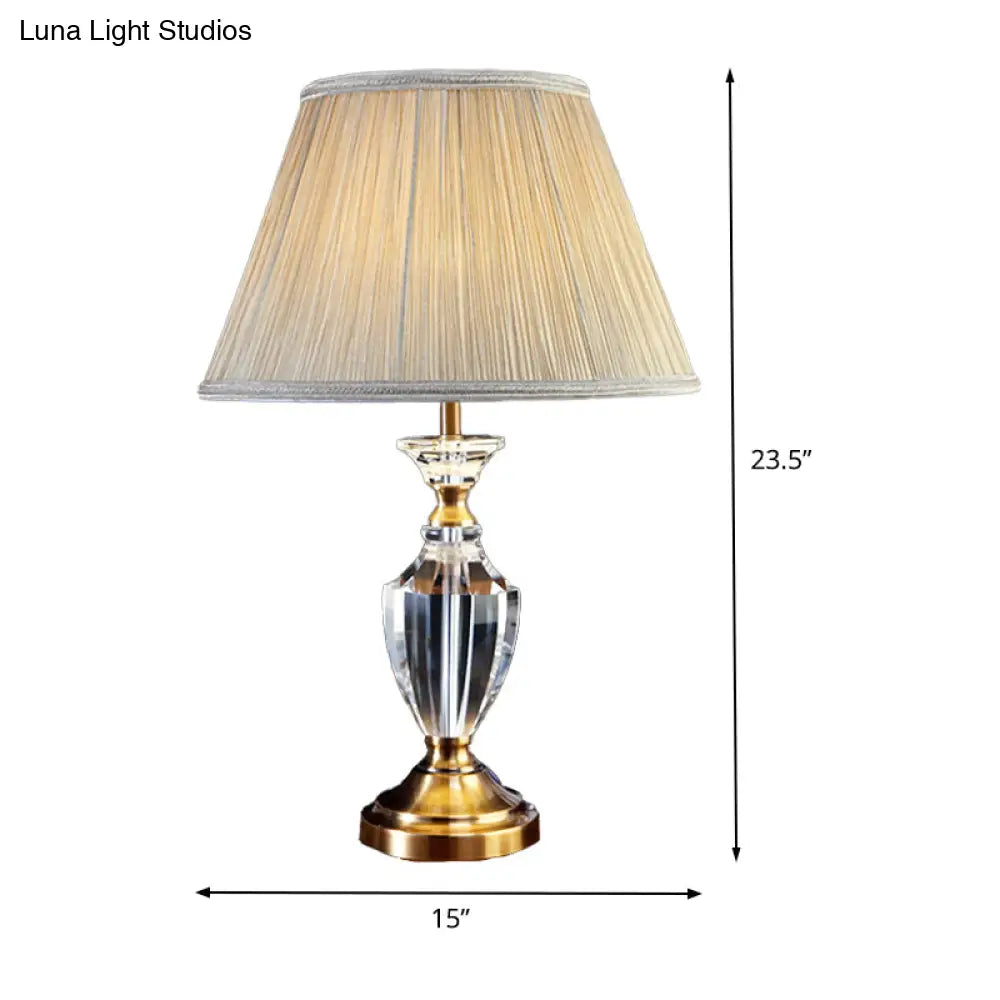 Modern Beige Urn Desk Lamp With Beveled Crystal Table Light And Fabric Shade
