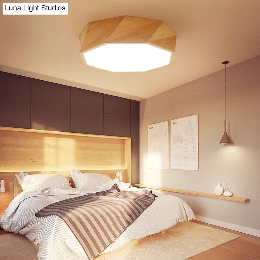 Modern Beige Wood Led Ceiling Light With Acrylic Diffuser - Geometric Flush Mount Fixture
