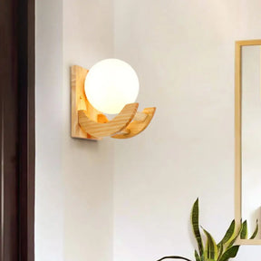 Modern Beige Wood Sconce Light Fixture With White Glass Shade - Wall Mounted Lamp