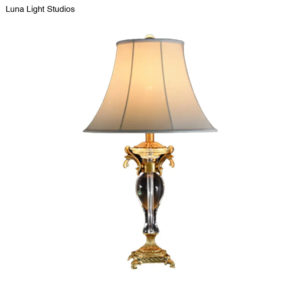 Modern Bell Study Lamp: White Fabric Shade Carved Brass Base 1 Bulb Task Light