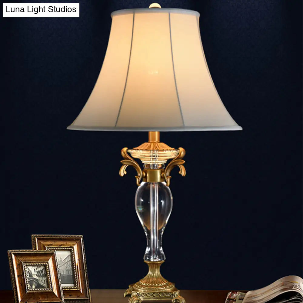 Modern Bell Study Lamp: White Fabric Shade Carved Brass Base 1 Bulb Task Light