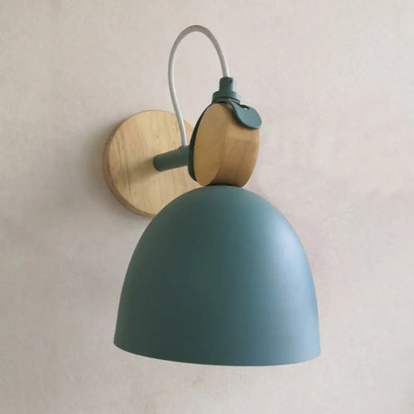 Modern Bell Wall Light With Wooden Backplate For Single-Bulb Bedroom Mounting Green