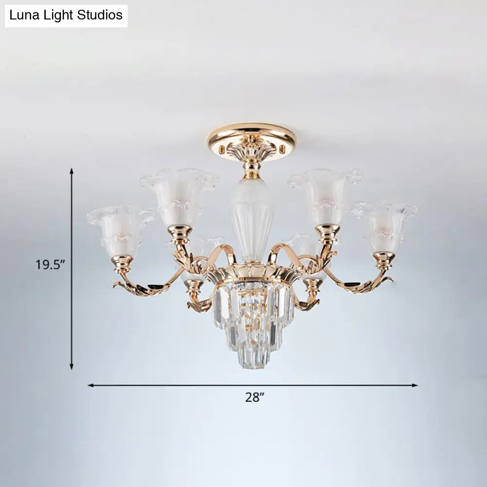 Modern Bellflower Frosted Glass Semi Flush Light Chandelier- Gold With Crystal Accent