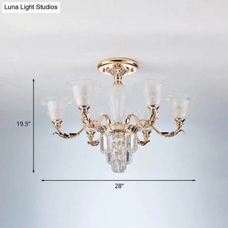 Modern Bellflower Frosted Glass Semi Flush Light Chandelier- Gold With Crystal Accent