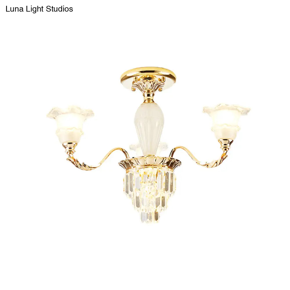 Modern Bellflower Frosted Glass Semi Flush Light Chandelier- Gold With Crystal Accent