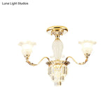 Modern Bellflower Frosted Glass Semi Flush Light Chandelier- Gold With Crystal Accent