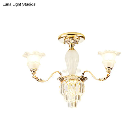 Modern Bellflower Frosted Glass Semi Flush Light Chandelier- Gold With Crystal Accent