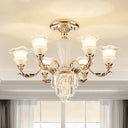 Modern Bellflower Frosted Glass Semi Flush Light Chandelier- Gold With Crystal Accent 6 /