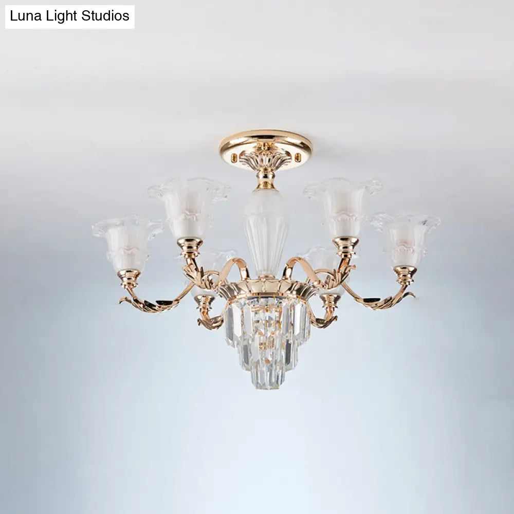 Modern Bellflower Frosted Glass Semi Flush Light Chandelier- Gold With Crystal Accent