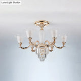 Modern Bellflower Frosted Glass Semi Flush Light Chandelier- Gold With Crystal Accent