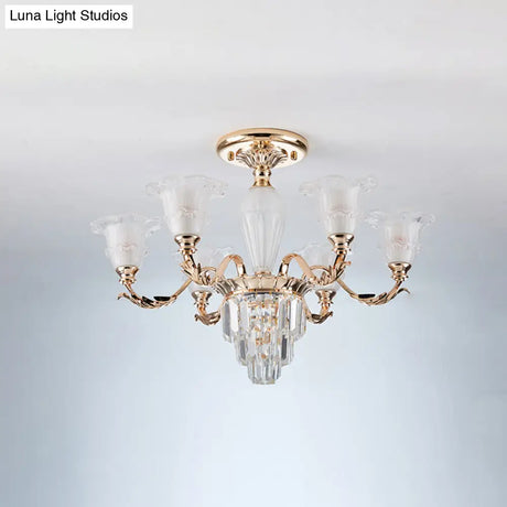 Modern Bellflower Frosted Glass Semi Flush Light Chandelier- Gold With Crystal Accent