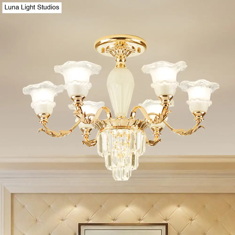 Modern Bellflower Frosted Glass Semi Flush Light Chandelier- Gold With Crystal Accent