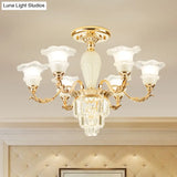 Modern Bellflower Frosted Glass Semi Flush Light Chandelier- Gold With Crystal Accent