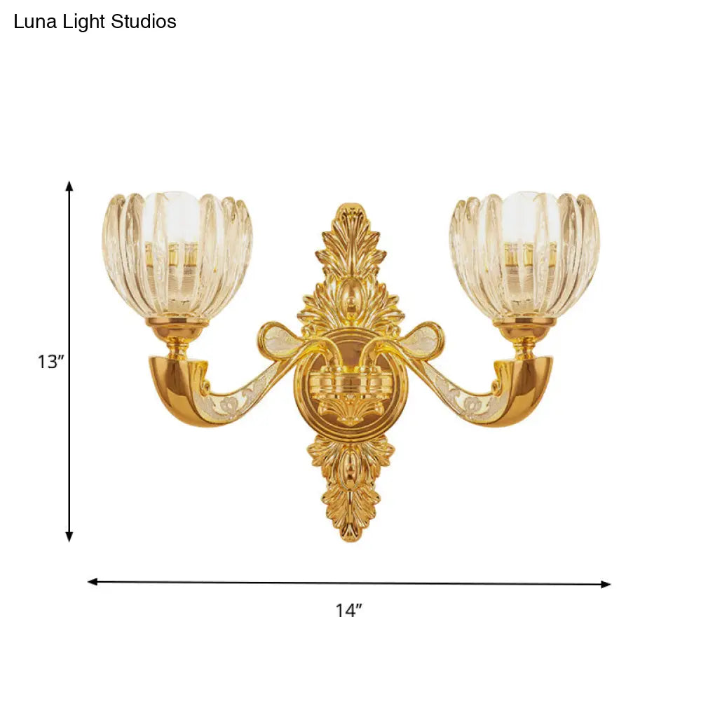 Modern Beveled Crystal Dome Sconce Light Fixture: Gold 1/2-Bulb Wall Lamp For The Bedroom