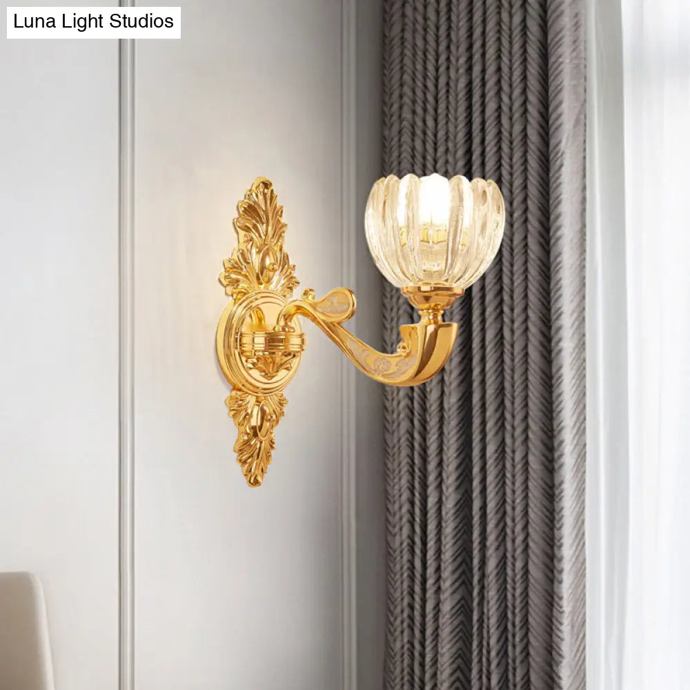 Modern Beveled Crystal Dome Sconce Light Fixture: Gold 1/2-Bulb Wall Lamp For The Bedroom